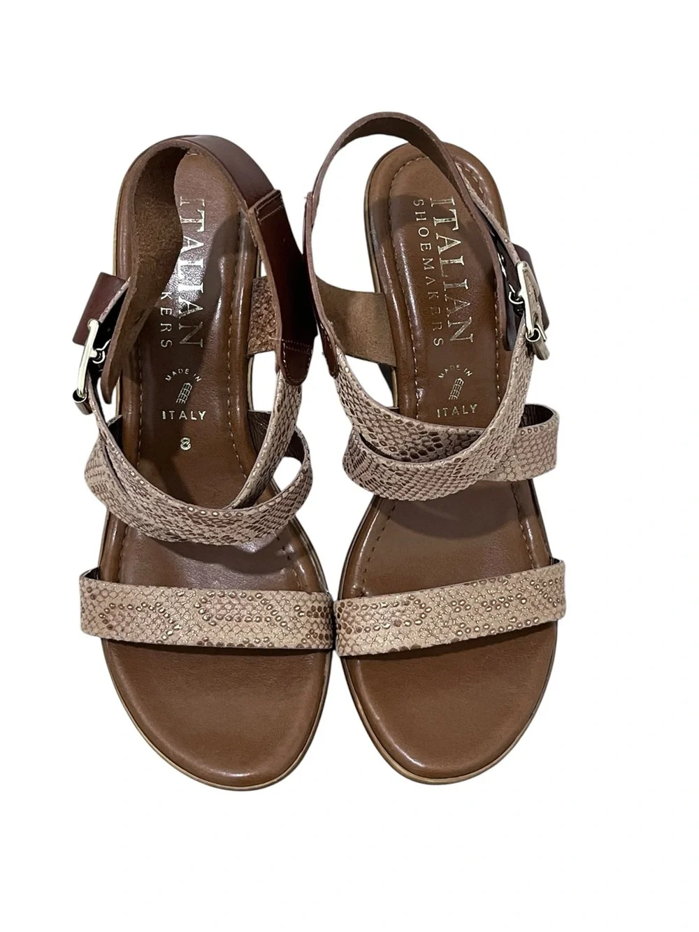 Italian Shoemakers Brown Leather and Beige Wedge Sandals Size 8